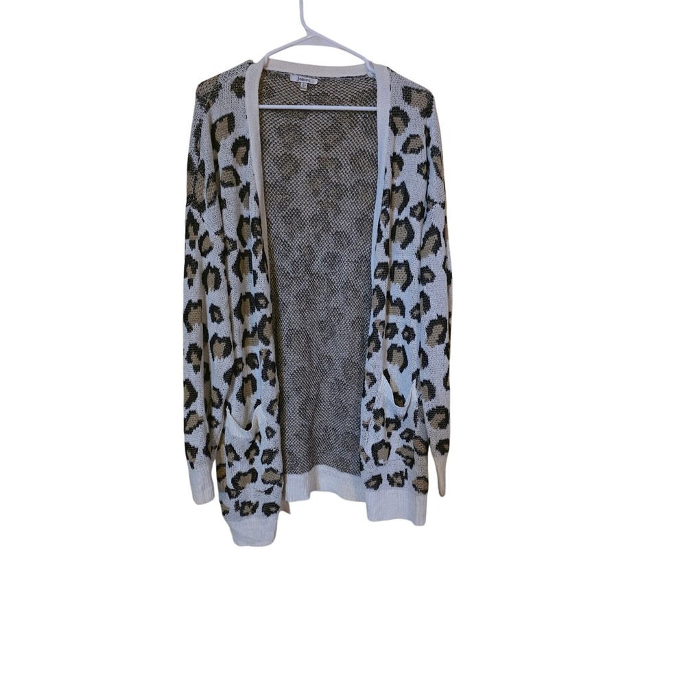 Jodifl Animal Print Cardigan L‎ Womens Long Sleeve Pockets White Brown Pull On